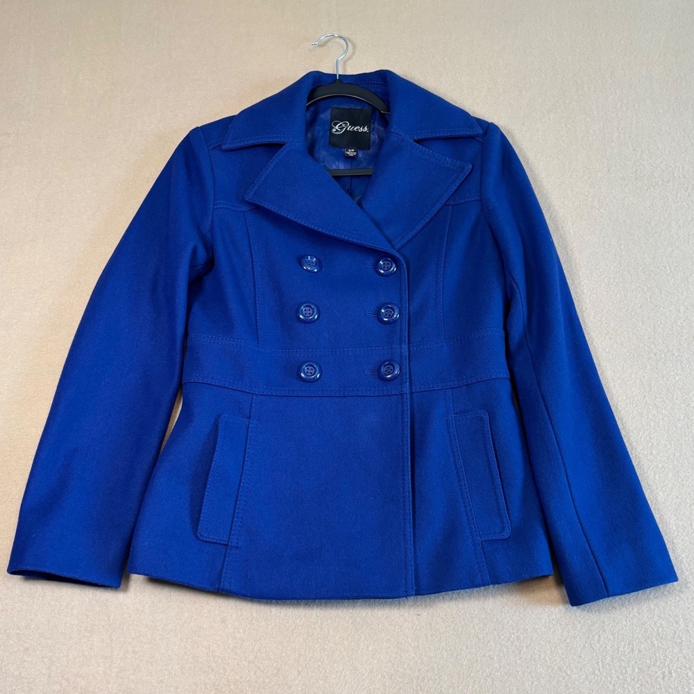 Guess Womens Royal Blue Wool Blend Double Breasted Pea Coat Jacket Size S